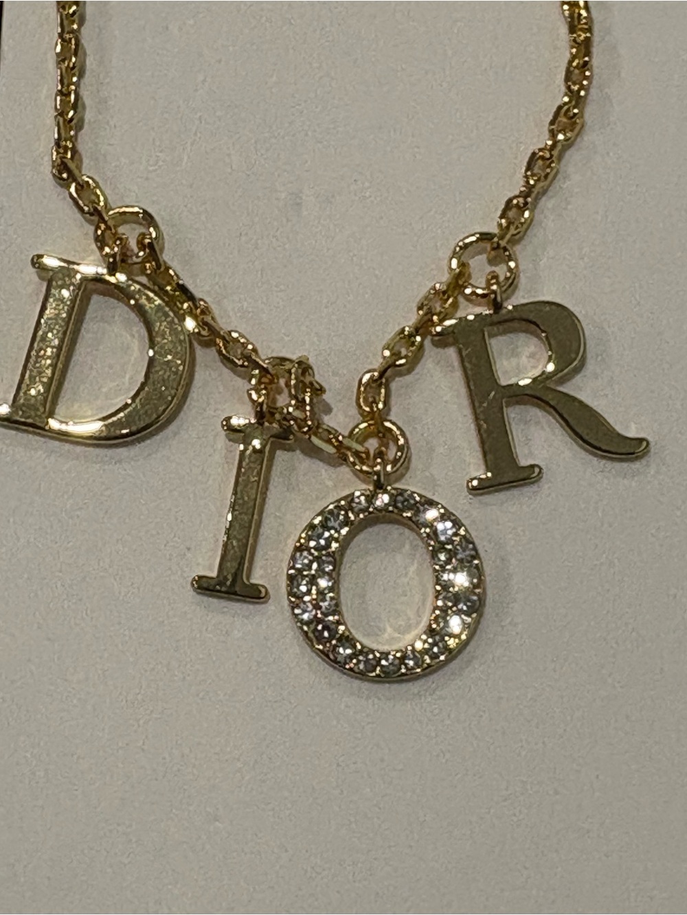 Dior Gold Tone DIOR Logo Charm Crystal Necklace w/ Box